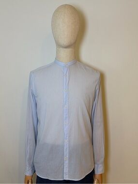 Zara Men's Light Blue Mandarin Collar Cotton Shirt - Size M